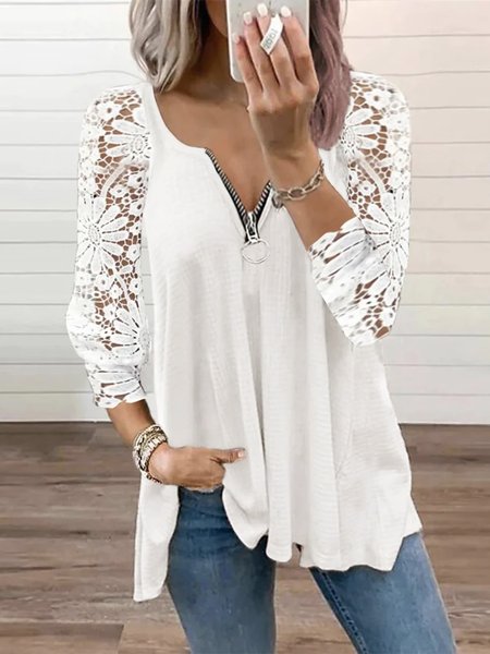 

Loose Casual Lace T-Shirt, White, T-Shirts