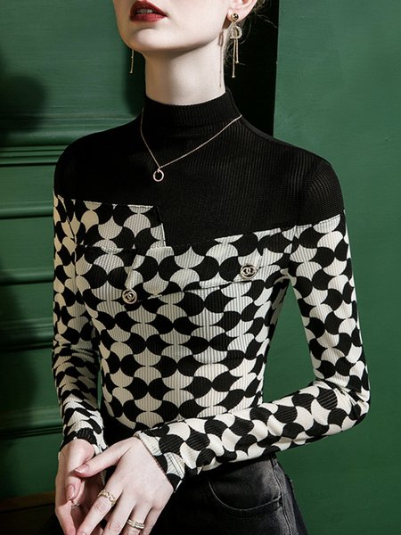 

Color Block Regular Fit Half Turtleneck Elegant T-Shirt, Black, Tees