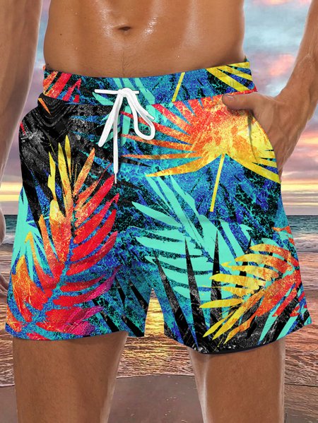 

Leaf Drawstring Beach Shorts, Multicolor, Men's shorts