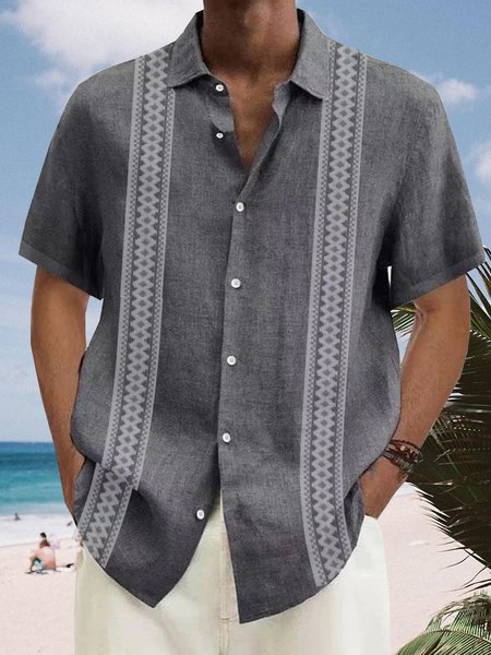 

Striped Short Sleeve Bowling Shirt, Gray, Men Shirts