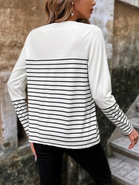 

Crew Neck Casual Striped Loose T-Shirt, White, T-Shirts