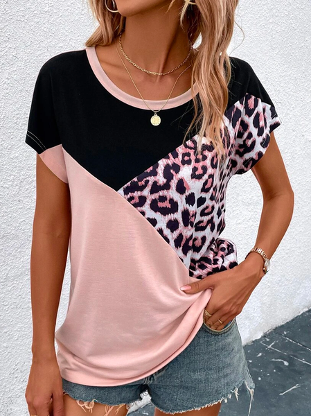 

Crew Neck Color Block Casual T-Shirt, Pink, T-Shirts