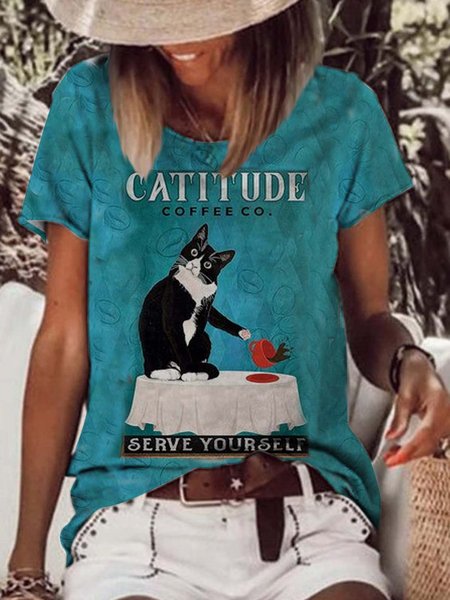 

Cat Loose Crew Neck Casual T-Shirt, Multicolor, T-Shirts