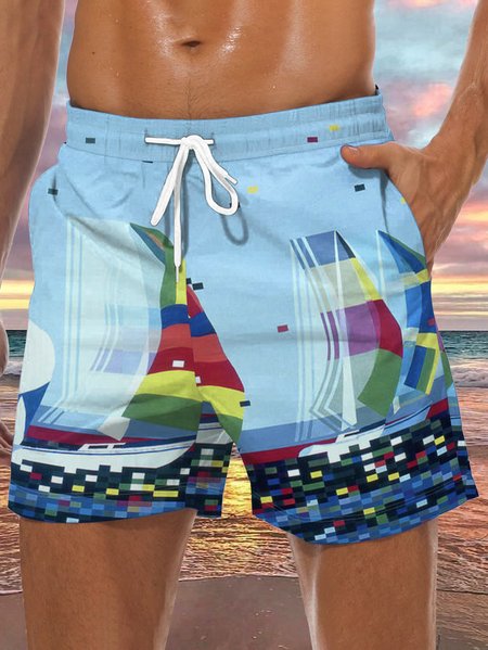 

Sailing Doat Drawstring Beach Shorts, Blue, Men's shorts