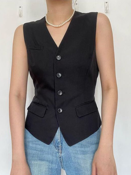 

V Neck Sleeveless Urban Regular Fit Vest, Black, Vests and Gilets