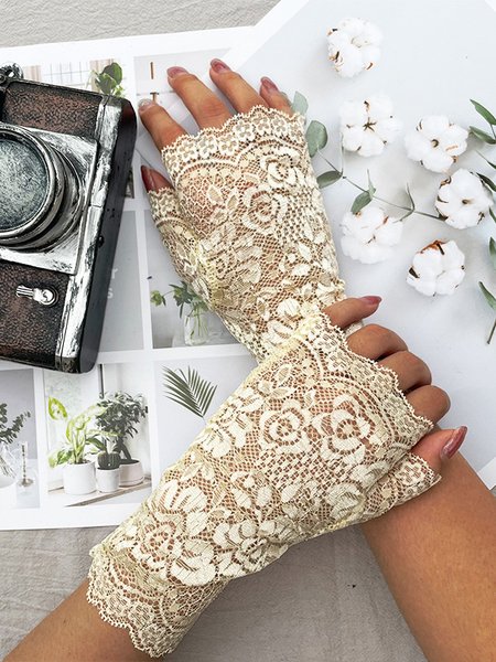 

Lace Floral Cutout Half Finger Gloves Party Valentine's Day Banquet Dresses Accessories, Beige, Women Gloves