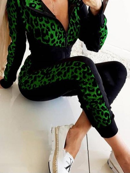 

Leopard Casual Regular Fit Casual Pants, Green, Pants