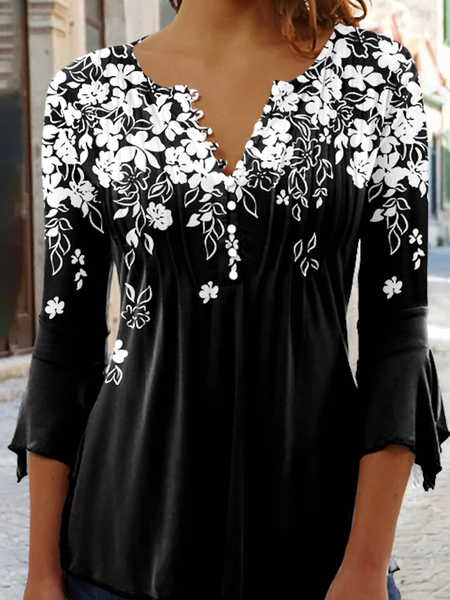 

V Neck Casual Loose Floral Top, Black, Shirts & Blouses