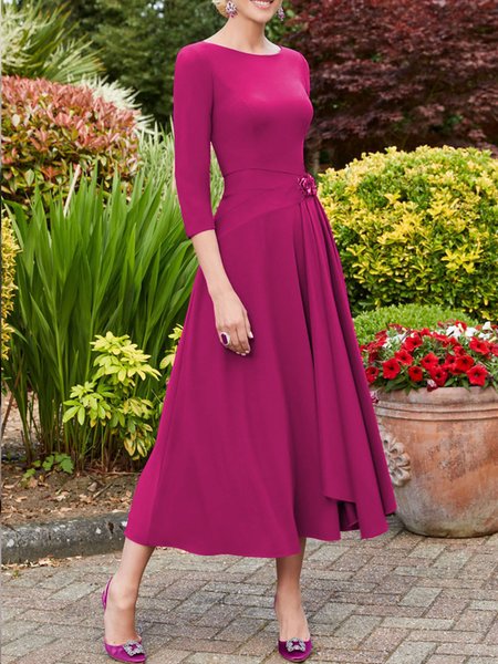 

Elegant Crew Neck Three Quarter Regular Fit Dress, Rose red, Midi Dresses