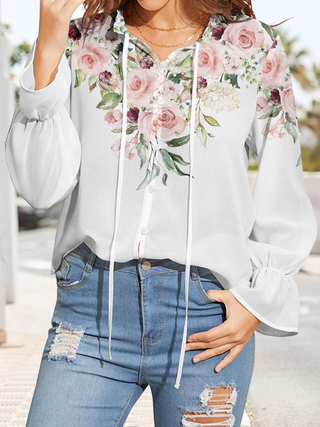 

White & Pink Floral Poet-Sleeve Sheer Button-Up Blouse, Shirts & Blouses