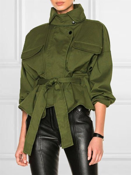 Loose Plain Long Sleeve Urban Jacket, Camouflage green, Jackets