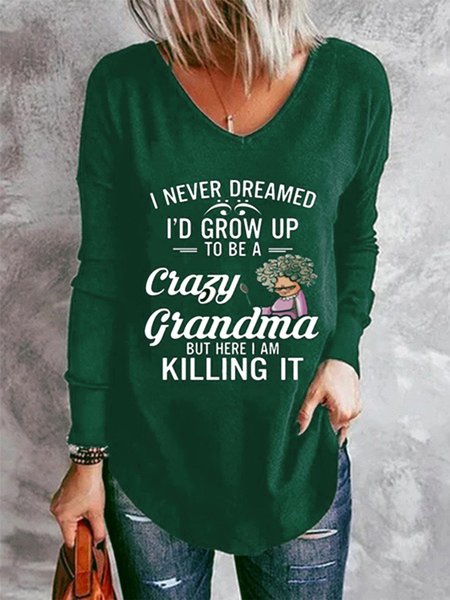 

Letters Long Sleeve V Neck Casual Tunic T-Shirt, Green, T-shirts