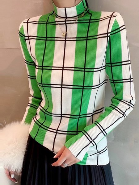 

Plaid Urban Stand Collar Long Sleeve Sweater, Green, Pullovers
