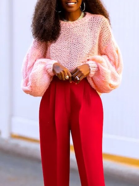 

Elegant Crew Neck Lantern Sleeve Loose Sweater, Pink, Pullovers