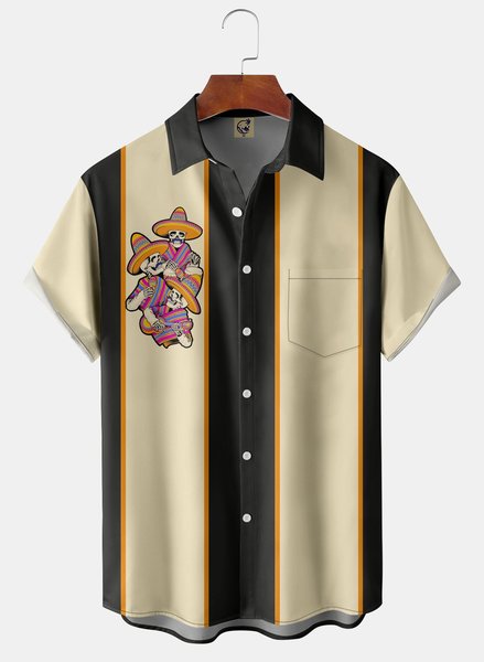 

Cinco de Mayo Chest Pocket Short Sleeve Bowling Shirt, Beige, Men Shirts