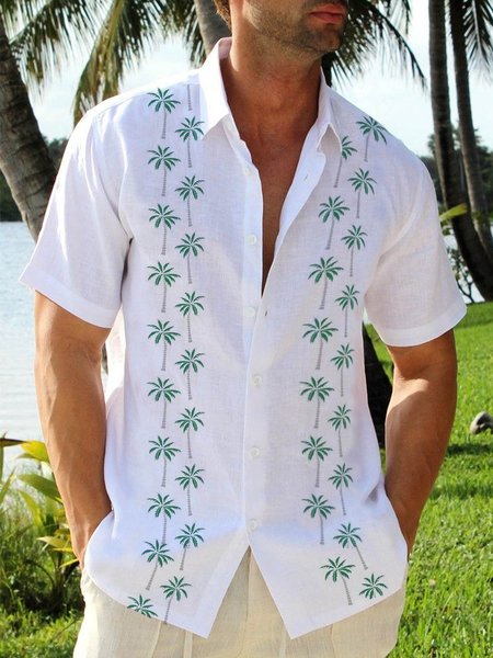 

Coconut Tree Short Sleeve Bowling Shirt, White, Men Shirts