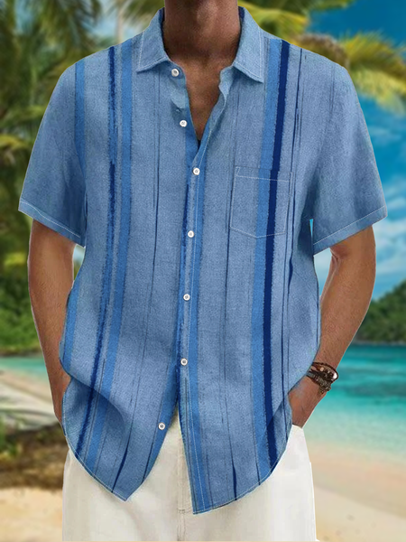 

Geometric Stripe Print Chest Pocket Short Sleeve Casual Shirt, Blue, Men Shirts