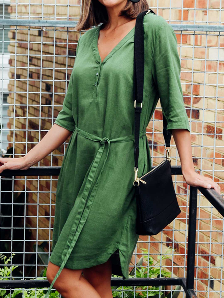 

Plain Cotton And Linen Regular Fit Casual Dress, Green, Dresses
