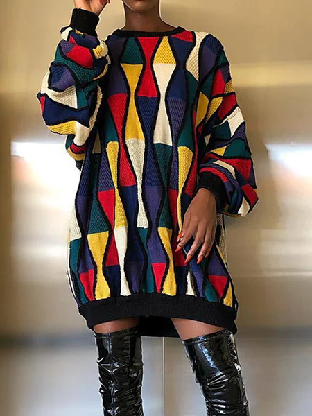 

Loose Geometric Urban Crew Neck Long sleeve Mid-long Sweatshirt, Multicolor, Hoodies and Sweatshirts