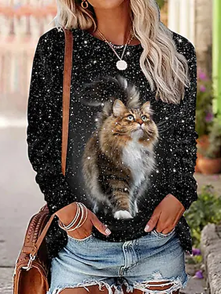 

Cotton-Blend Casual Loose Cat T-Shirt, Black, T-Shirts