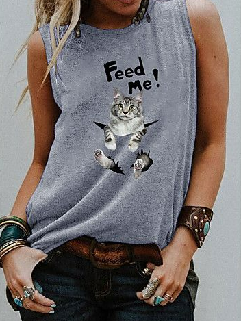 

Crew Neck Text Letters Casual Regular Fit Tank & Cami, Gray, Tees & T-shirts