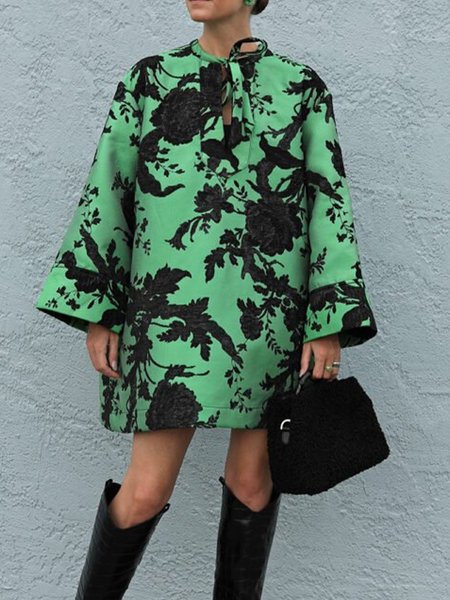 

Loose Elegant Floral Long Sleeve Mini Dress, Green, Mini Dresses