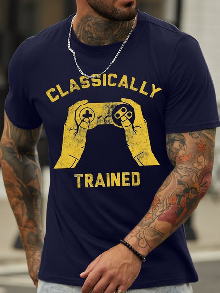 

Men's Classically Trained Funny Game Graphic Print Text Letters Cotton Casual Crew Neck T-Shirt, Purplish blue, T-shirts