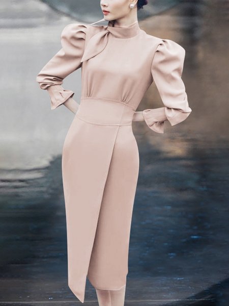 

Long sleeve Regular Fit Elegant Others Plain Dress, Pink, Midi Dresses