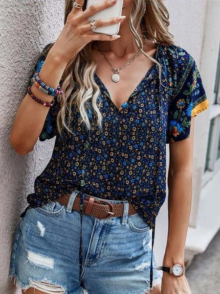 

Boho Ethnic V Neck Blouse, Navyblue, Shirts & Blouses