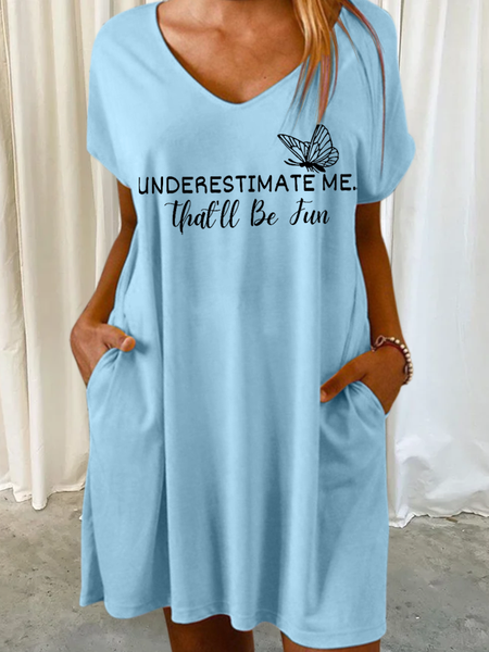 

Women's Funny Word Underestimate Me That'll Be Fun Butterfly V Neck Casual Dress, Light blue, Dresses