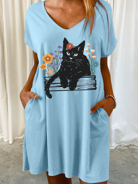 

Women‘s Black Cat Lover Floral Book Casual Loose Dress, Light blue, Dresses