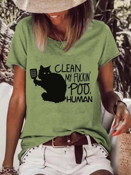 

Loose Casual Knitted Cat T-Shirt, Green, T-Shirts