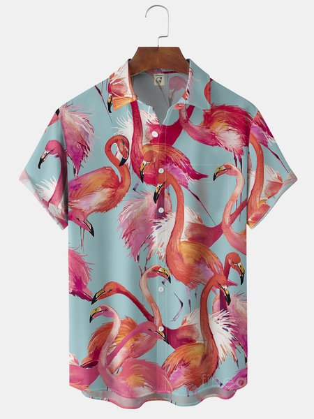 

Flamingo Chest Pocket Short Sleeve Aloha Shirt, Pink, Men Shirts