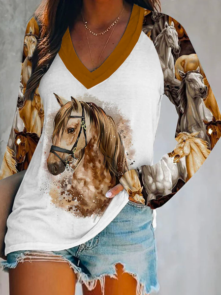 

Loose Boho V Neck Horse T-Shirt, Multicolor, T-Shirts