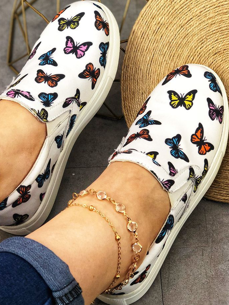 

Butterfly Graphic-Print Canvas Flat Shoes, White, Sneakers