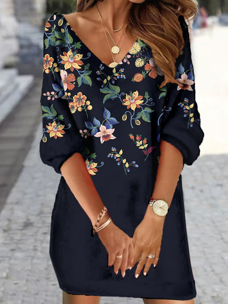

V Neck Floral Printing Casual Dress, Dark blue, Dresses