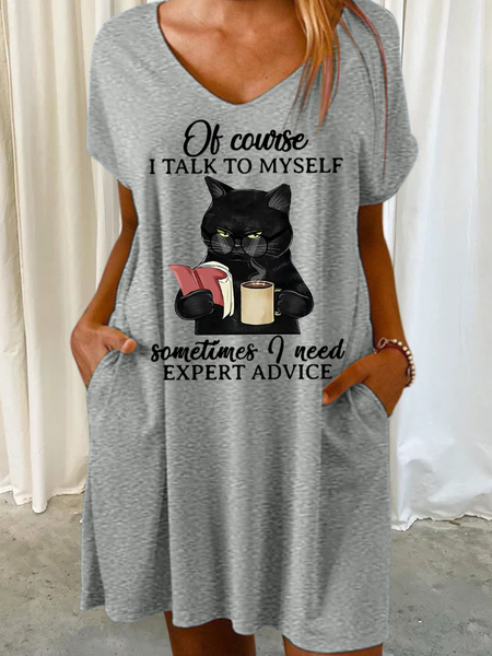 

Women‘s Funny Black Cat Books Of Course I Talk To Myself Sometimes I Need Expert Advice Casual V Neck Dress, Gray, Dresses