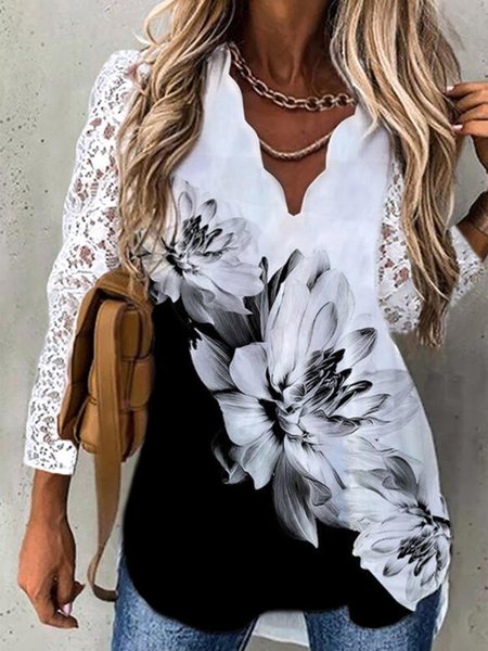

V Neck Casual Lace Floral Top, Black-white, Shirts & Blouses