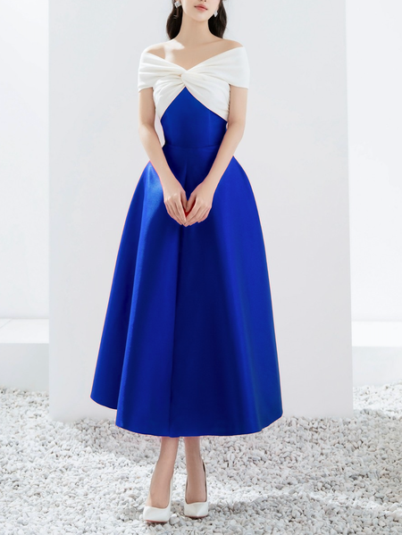 

Cross Neck Elegant Plain Satin Dress, Blue, Midi Dresses