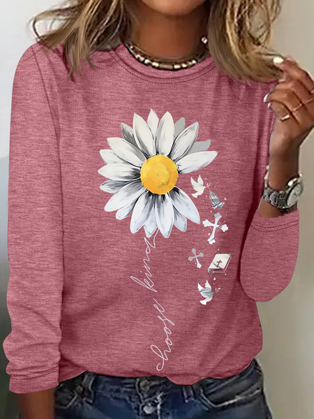 

Women‘s Faith Cross Simple Daisy Regular Fit Crew Neck Long Sleeve Top, Pink, Long sleeves