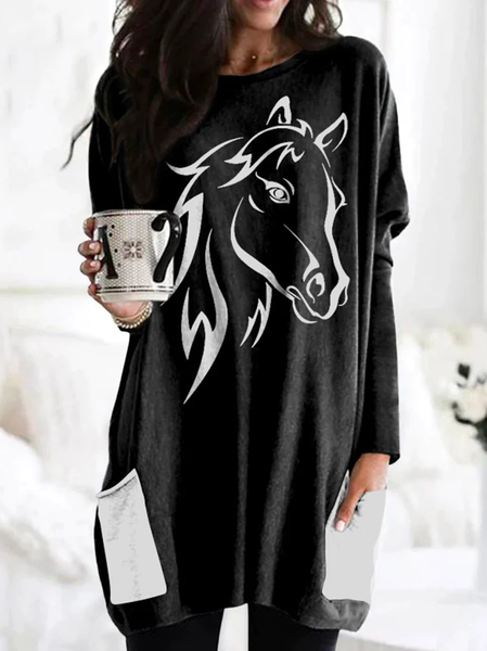 

Crew Neck Horse Casual Loose Dress, Black, Dresses