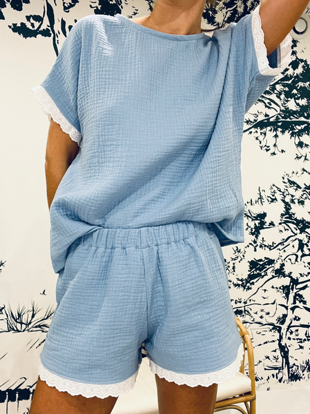 

Cotton And Linen Crew Neck Casual Regular Fit Two-Piece Set, Blue, Tops