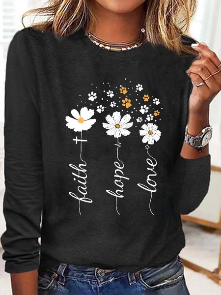 

Women's Faith Hope Love Floating Paw Prints Crew Neck Casual Top, Black, Long sleeves