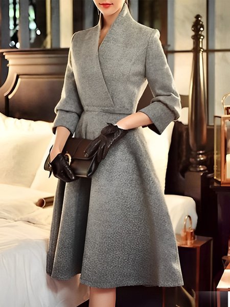 

Regular Fit Three Quarter Sleeves Elegant Plain Dress, Gray, Midi Dresses