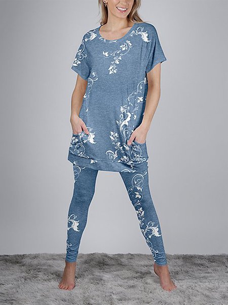 Loose Floral Crew Neck Casual Two-Piece Set, Blue, Suit Set