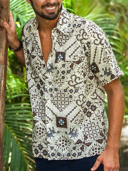 

Ethnic Chest Pocket Short Sleeve Resort Shirt, White, Men Shirts
