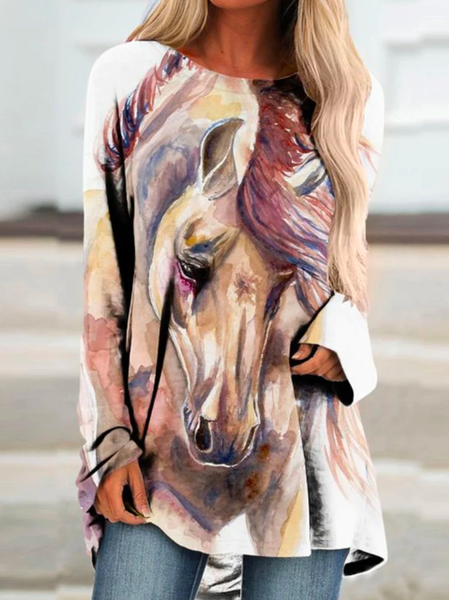 

Loose Boho Crew Neck Horse T-Shirt, Multicolor, T-Shirts