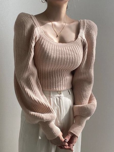 

Long sleeve Plain Elegant Square Neck Sweater, Pink, Pullovers