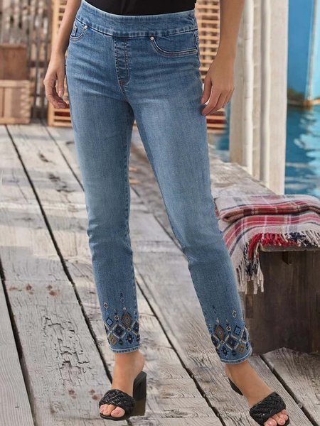 

Regular Fit Boho Zipper Denim Jeans, Denim blue, Pants