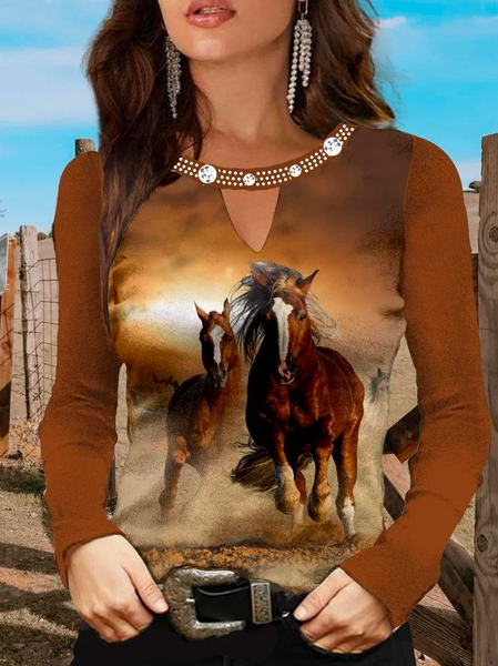 

Horse Loose Crew Neck Casual Top, Brown, Tops